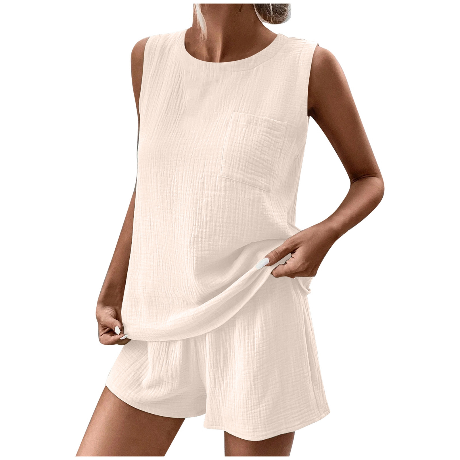 thumbnail image 3 of Conjunto de camiseta sin mangas con cuello redondo y bolsillos y pantalones cortos para mujer - Ropa informal de tejido suave, 3 of 8